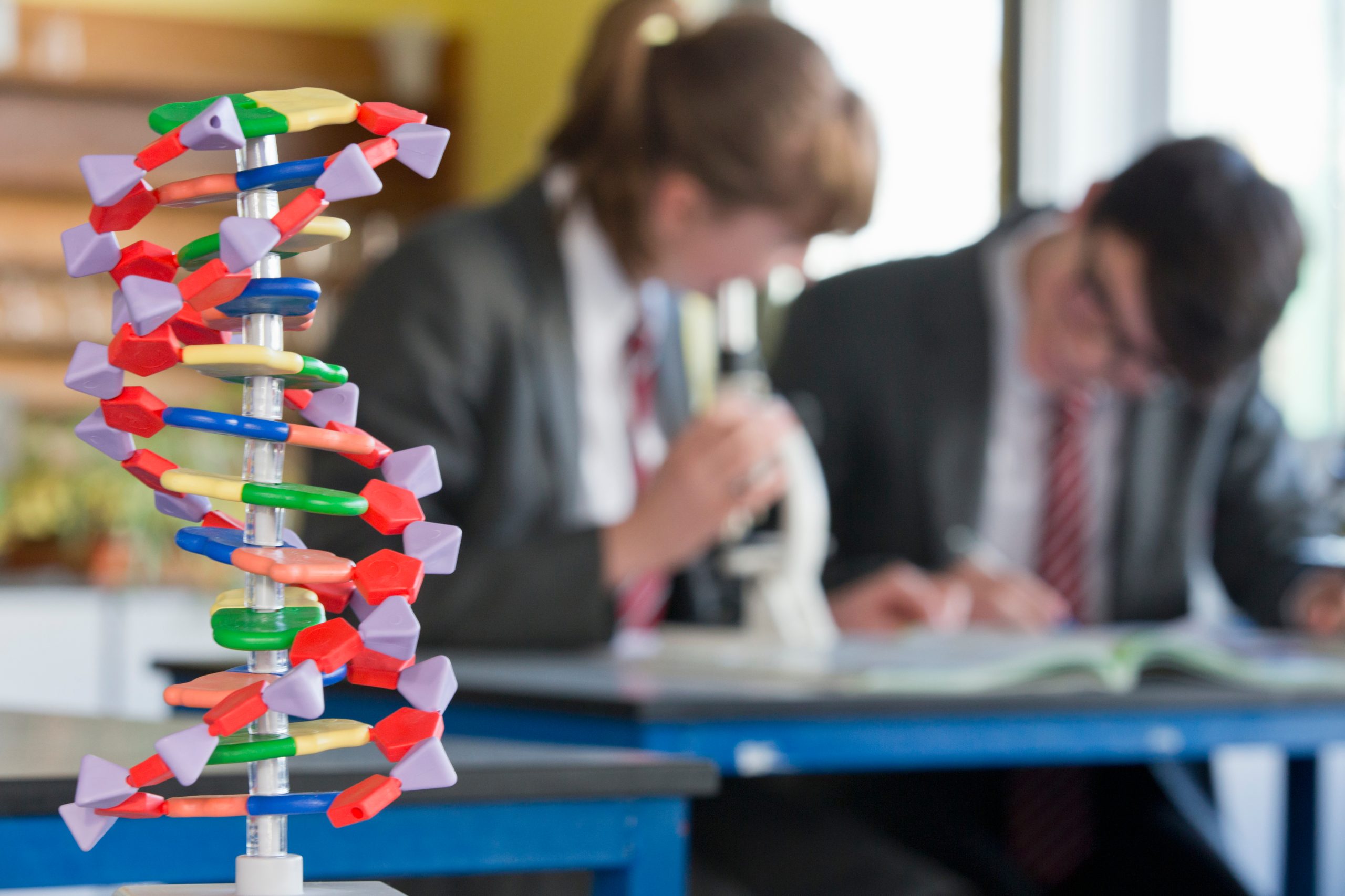 Image of high school students and DNA helix for our FAQ on What is the best degree path for high school biology teacher
